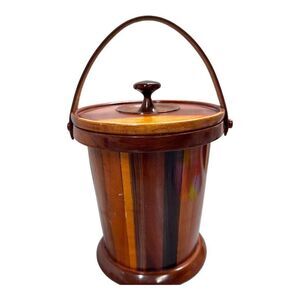 Vintage Costa Rican Wooden Ice Bucket With Lid & Leather HandleSouvenir READ